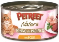 Petreet Tonno del Pacifico Петрит, консервы для взрослых кошек, кусочки тихоокеанского тунца с курицей в рыбном бульоне 70 гр