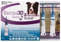 Вектра 3D капли от блох, клещей и комаров для собак от 10 - 25кг (3 пипетки)