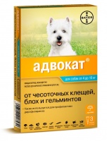 Bayer Адвокат капли на холку для собак от чесоточных клещей, блох и гельминтов до 10кг (3 пипетки)