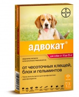 Bayer Адвокат капли на холку для собак от чесоточных клещей, блох и гельминтов от 10 до 25кг (3 пипетки)